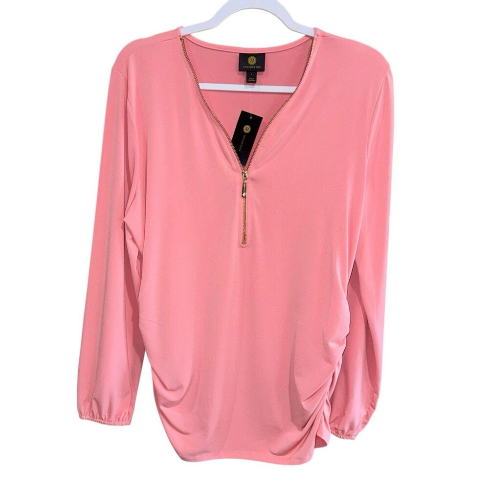 NWT JM Collection Pink Ruched Stretch Tunic Zipper Long Sleeve Top Size Large L
